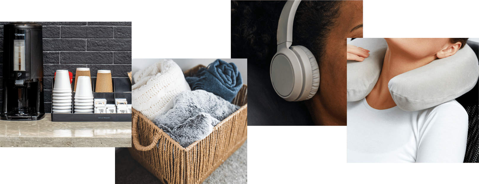 four images of: relaxing, headphones, crate of towels, and coffee table at the smile studio